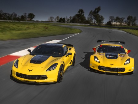 2 Yellow Corvette Stingray Z06 On Race Track