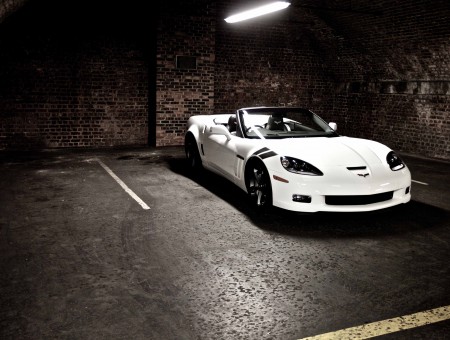 White Chevrolet Corvette Stingray Convertible Inside Garage