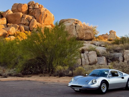 Silver Classic Coupe Parked In Front Of Rock Boulders During Daytime