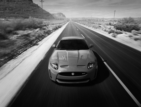 Grey Sports Coupe On Road In Grayscale