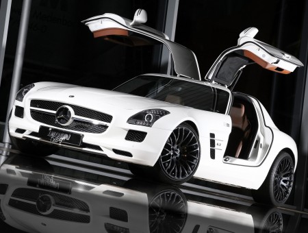 White Mercedes Benz SLS AMG Parked With Open Doors