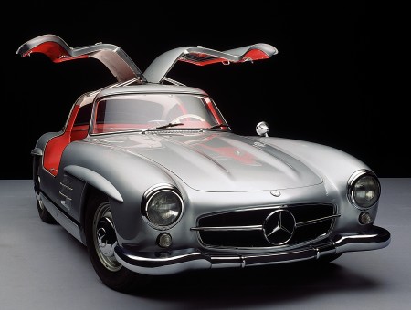 Silver Mercedes Benz 300SL Parked With Open Doors