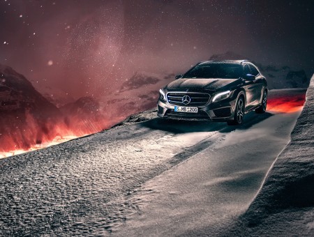 Black Car On The Mountain With Lava At Night