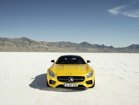 Yellow Mercedes Benz SLS AMG Parked In Desert