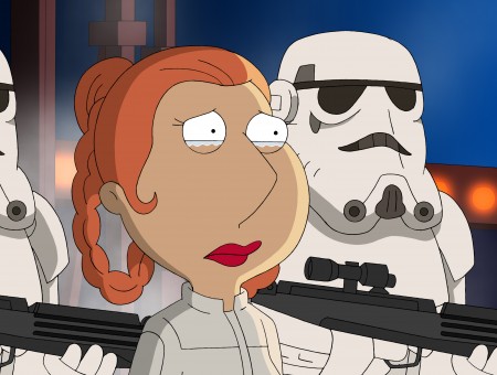 Brown Haired Female Cartoon Character Crying Beside Stormtroopers