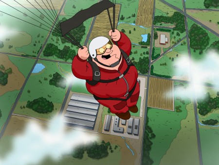 Cartoon Character In Black Suit In The Air With Parachute