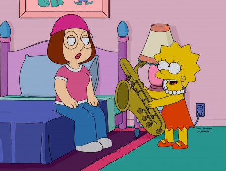 Lisa Simpson Holding Saxophone In Front Of Meg Griffin Sitting On Bed