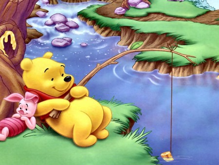 Winnie The Pooh And Piglet Leaning On Tree While Fishing Illustration