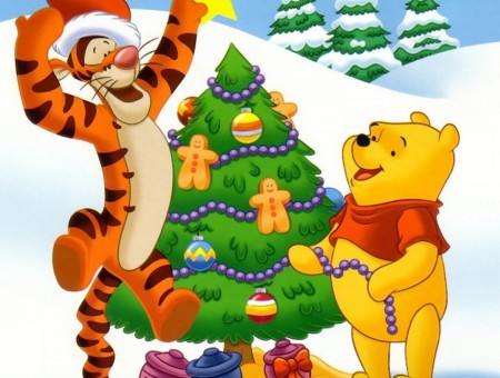 Winnie The Pooh And Tigger Beside Christmas Tree Illustration