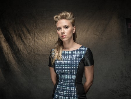 Scarlet Johansson Wearing Blue Black And White Plaid Boat Neck Bodycon Dress