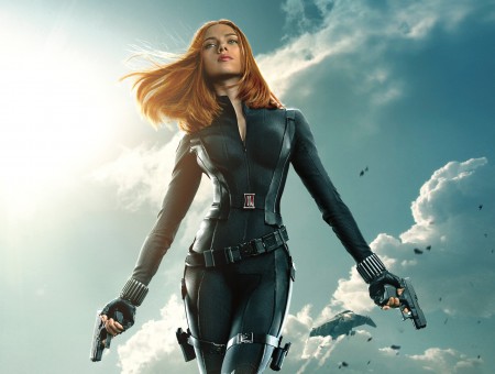 Scarlett Johansson In Green Suit Holding Handgun