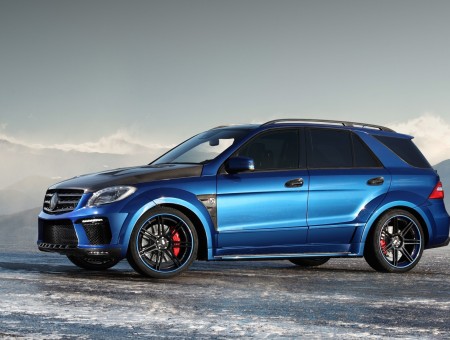 Blue SUV In A Snowy Land Under A Gray Sky