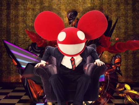 Person In Black Suit With Red White Mickey Mouse Head Cover Face On Gray Sofa Arm Chair Wallpaper