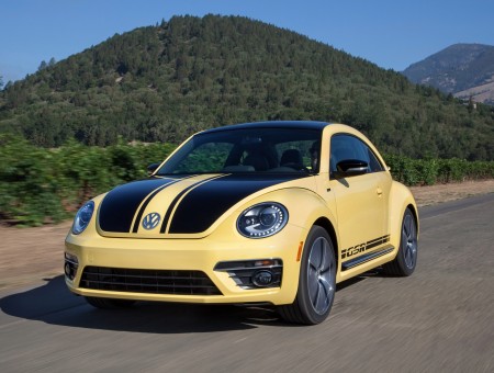 Yellow And Black Vw Bug Driving Near Mountain