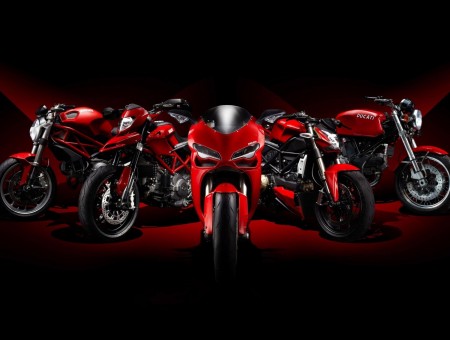 5 Red Motorcycles With Red Sports Bike In The Middle
