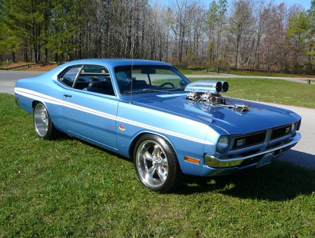 Blue Muscle Car On Green Grass During Daytime