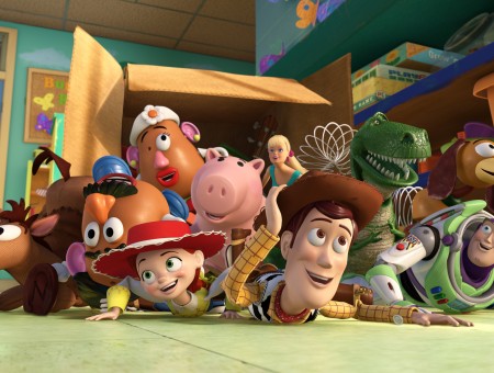 Woody Jessy And Buzz Light Year And Mr. Potato Head From Toy Story Cartoon Scene
