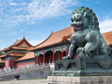 Marble Lion Statue And Pagodas
