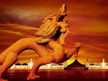 Brown Dragon Statue Near Body Of Water