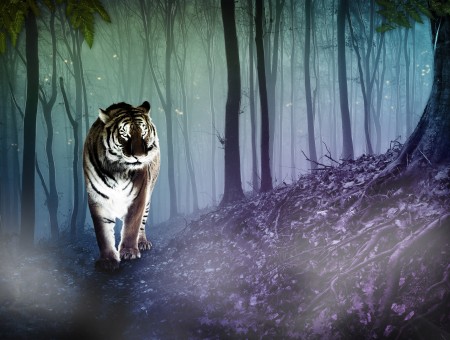 Adult Tiger Between Trees Painting