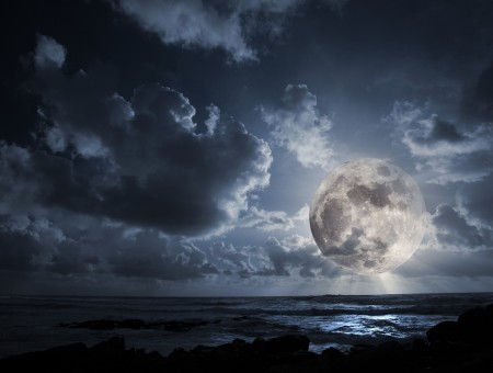 Gray Moon On Night Cloudy Sky