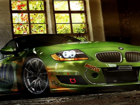 Green BMW Sports Car Park Inside Garage