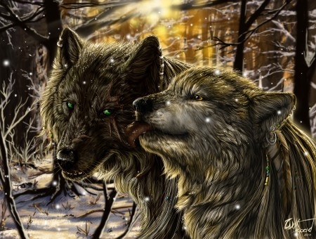 Illustration Of Two Brown Wolf