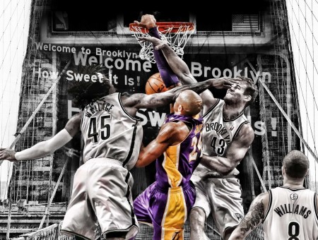 Kobe Bryant Dunk Against 2 Brooklyn Players In Selective Color Photography