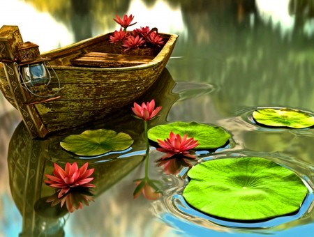 Wooden Rowboat On A Still Pond With Lilypads
