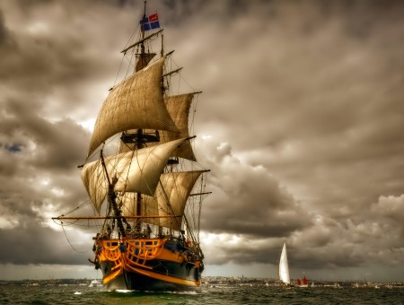 Computer Image Of Sailing Vessel On Gloomy Day