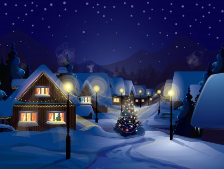 Snow Covered Houses Under Starry Night Sky Illustration