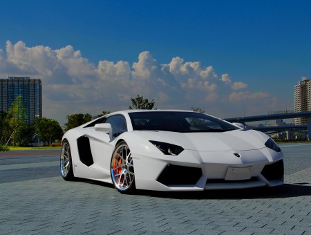 Parked White Lamborghini Aventador