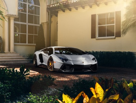 Lamborghini Aventador White Coupe Beside A House During Daytime