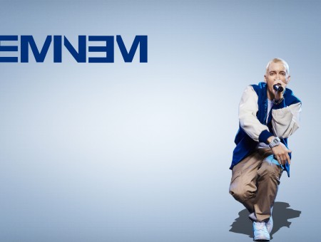 Eminem Wearing Blue And White Jacket Holding Mic