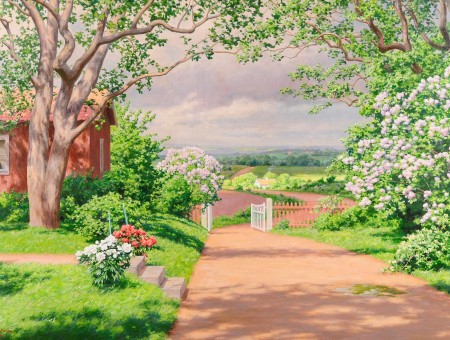 View Of  A Walkway Next To Trees And A Red House