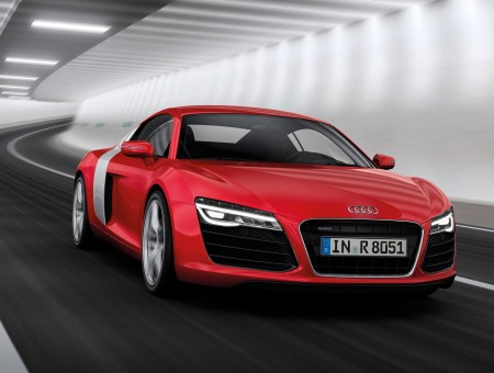 Red Audi R8 Supercar In A White Tunnel At Night