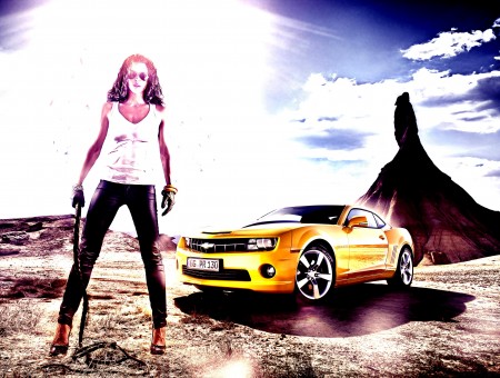 Woman In White Tank Top Standing In Front Of Yellow Chevrolet Coupe