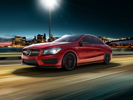 Red Mercedes Benz Coupe On Road In Panning Photography During Nighttime