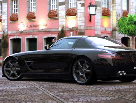 Mercedes Benz SLS Black Coupe Parked On Pavement Road Near Pink Apartment Building During Daytime