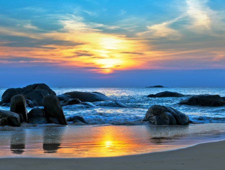 Stone Near Beach During Sunset