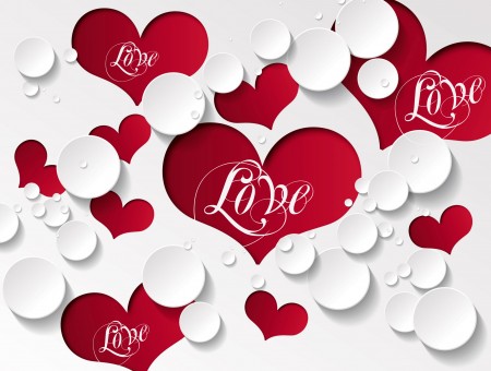 Red Hearts With White Love Text On White Surface With White Circles