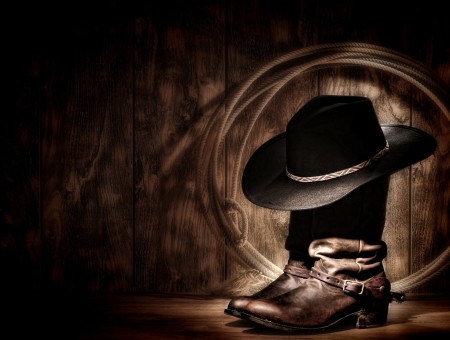 Black Hat On Brown Leather Cowboy Boots