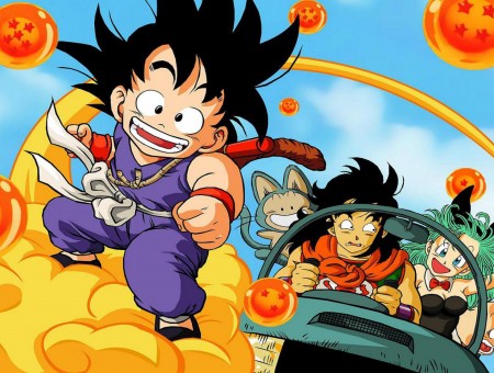 Son Goku Riding Kinton Cloud With Dragon Balls In Front Of Yamcha Bulma Riding
