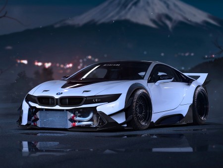 White And Black Sports Car With A Background Of Mount Fuji