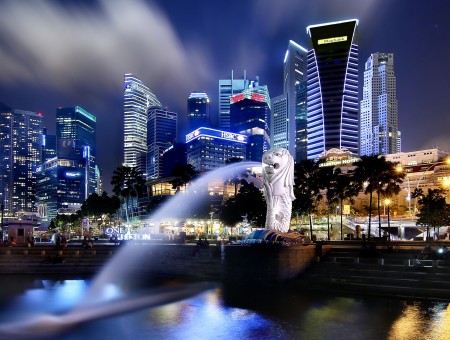 The Merlion Of Singapore During Night Time
