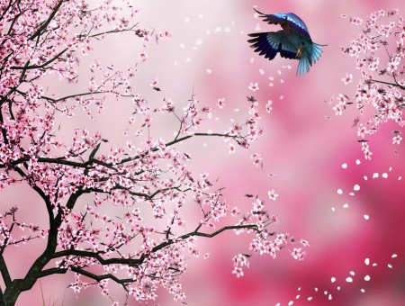 Pink Tree And Blue And Black Bird
