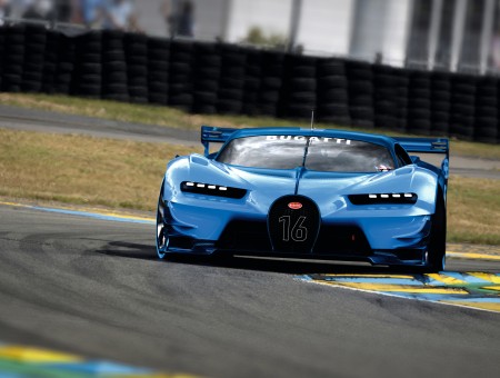 Blue Bugatti Vision Gt Running On Race Track