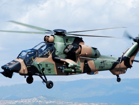 Green Black And Brown Camouflage Helicopter Flying Under Cloudy Sky