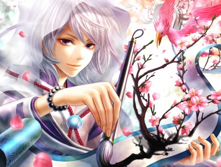 Anime Character With White Hair Wearing Purple White Cloak Holding Paintbrush