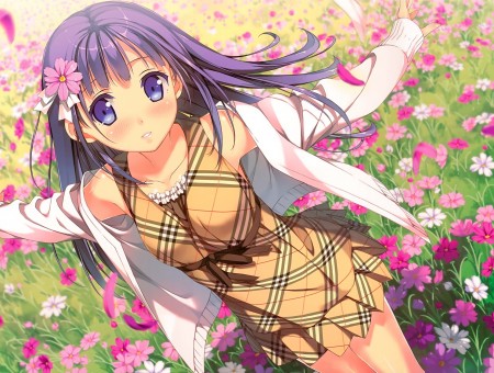 Female Anime Character With Purple Hair In Beige Jacket In The Garden Full Of Flowers